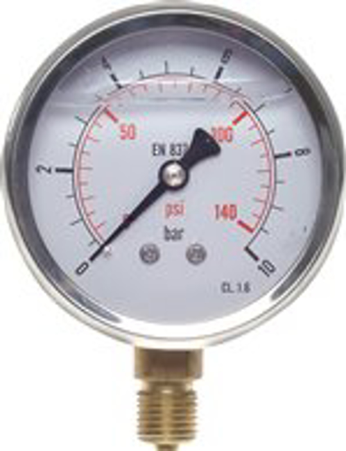 Glycerine pressure gauge vertical Ø 63 mm, stainless steel / brass, Eco-Line