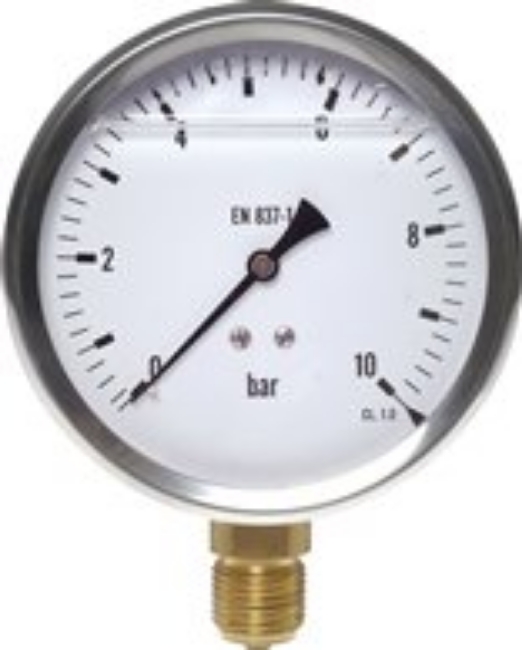 Glycerine pressure gauge vertical Ø 100 mm, stainless steel / brass, Eco-Line