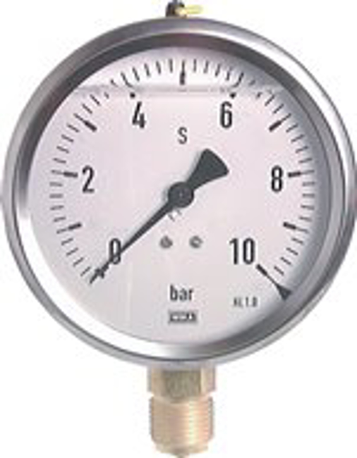 Glycerine pressure gauge vertical Ø 100 mm nickel chromium steel / brass, Class 1,0