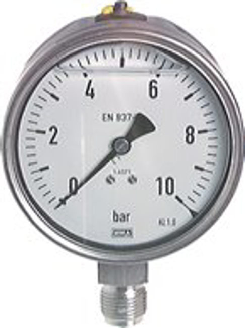 Glycerine pressure gauges vertical Ø 100 mm, stainless steel  - chemical, Class 1,0