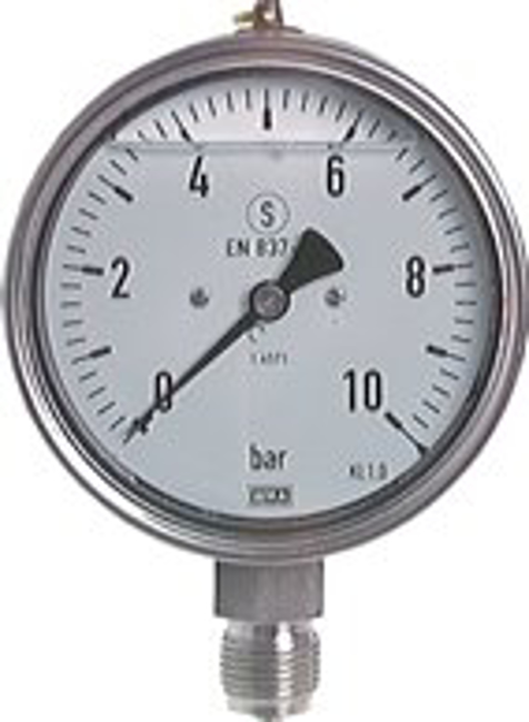 Glycerine safety pressure gauges vertical Ø 100 mm, stainless steel, Class 1,0