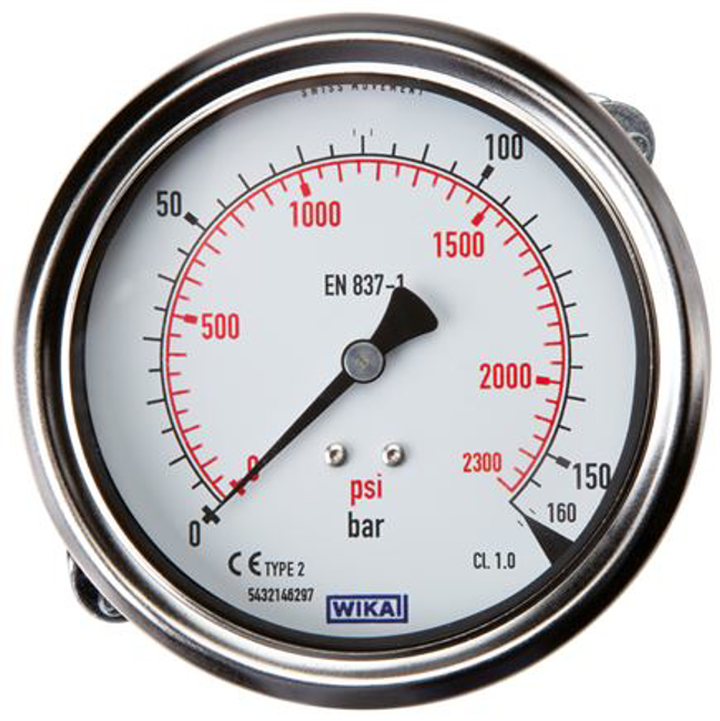 Built-in pressure gauge with three-sided front ring Ø 100 mm, stainless steel / brass - robust, Class 1,0