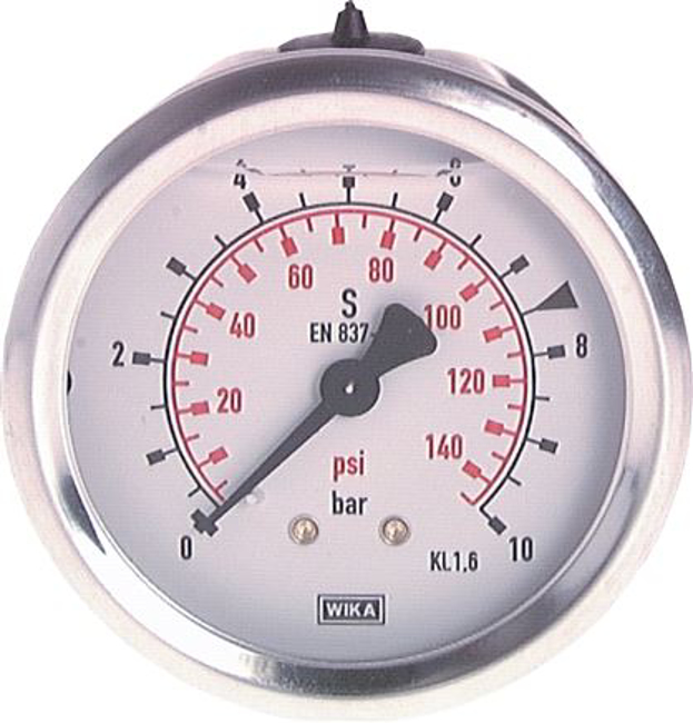Glycerine pressure gauge horizontal Ø 63 mm nickel chromium steel / brass,  Class 1,6