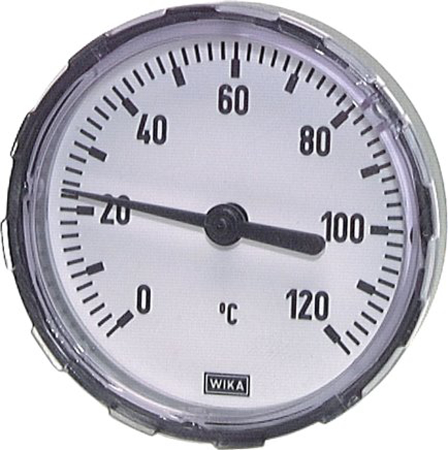 Horizontal bimetallic thermometer with plastic housing and Cu thermowell, class 2.0