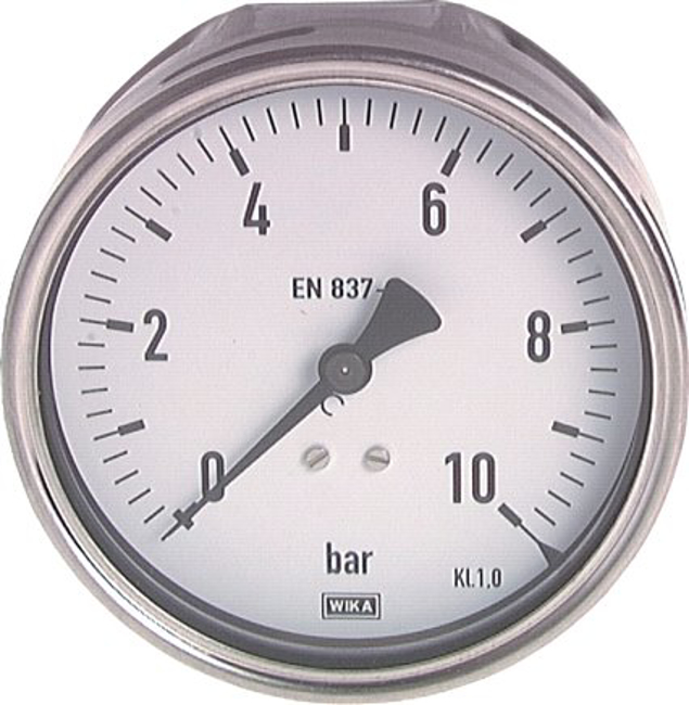 Pressure gauge, horizontal, Ø 100 mm nickel chromium steel/brass, Industrial design, Class 1,0