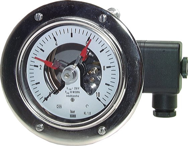 Stainless steel safety contact pressure gauge, horizontal Ø 100 mm, Class 1,0